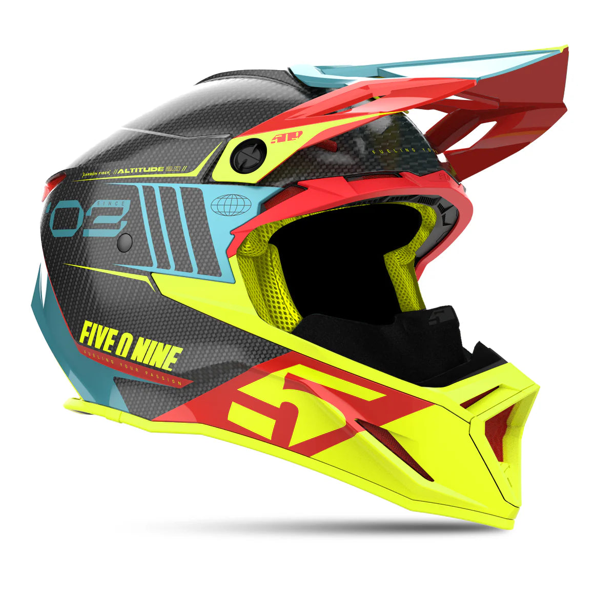 Colorful motorcycle helmet with visible branding on a white background