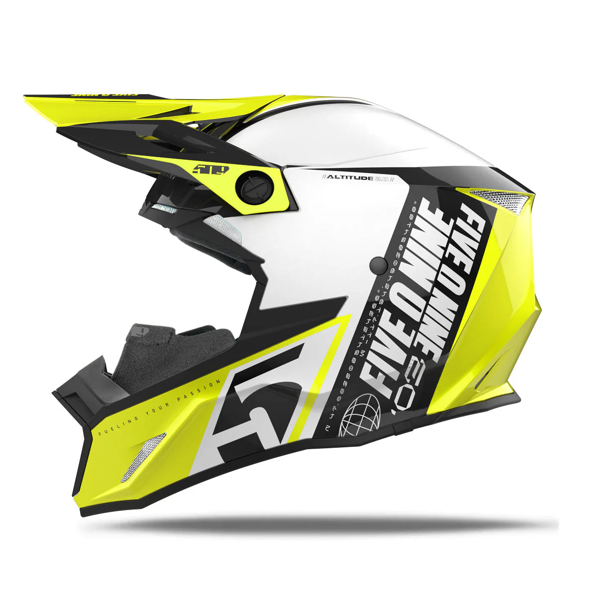 Yellow, black, and white motocross helmet with 'Five Twelve' branding on a white background