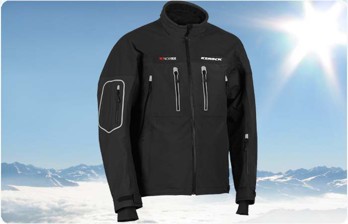 Apex Shell Black jacket with brand logos on a snowy mountain background