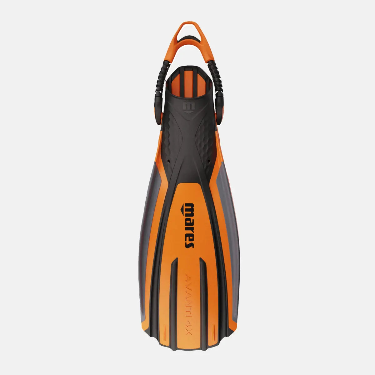 Orange and black diving fin with 'Mares' branding on a white background
