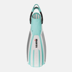 Teal and gray diving fin on a white background