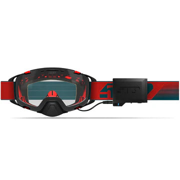 Red and black goggles with a strap on a white background