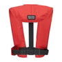 Red life jacket with black straps on a white background, featuring the Mustang Survival brand.