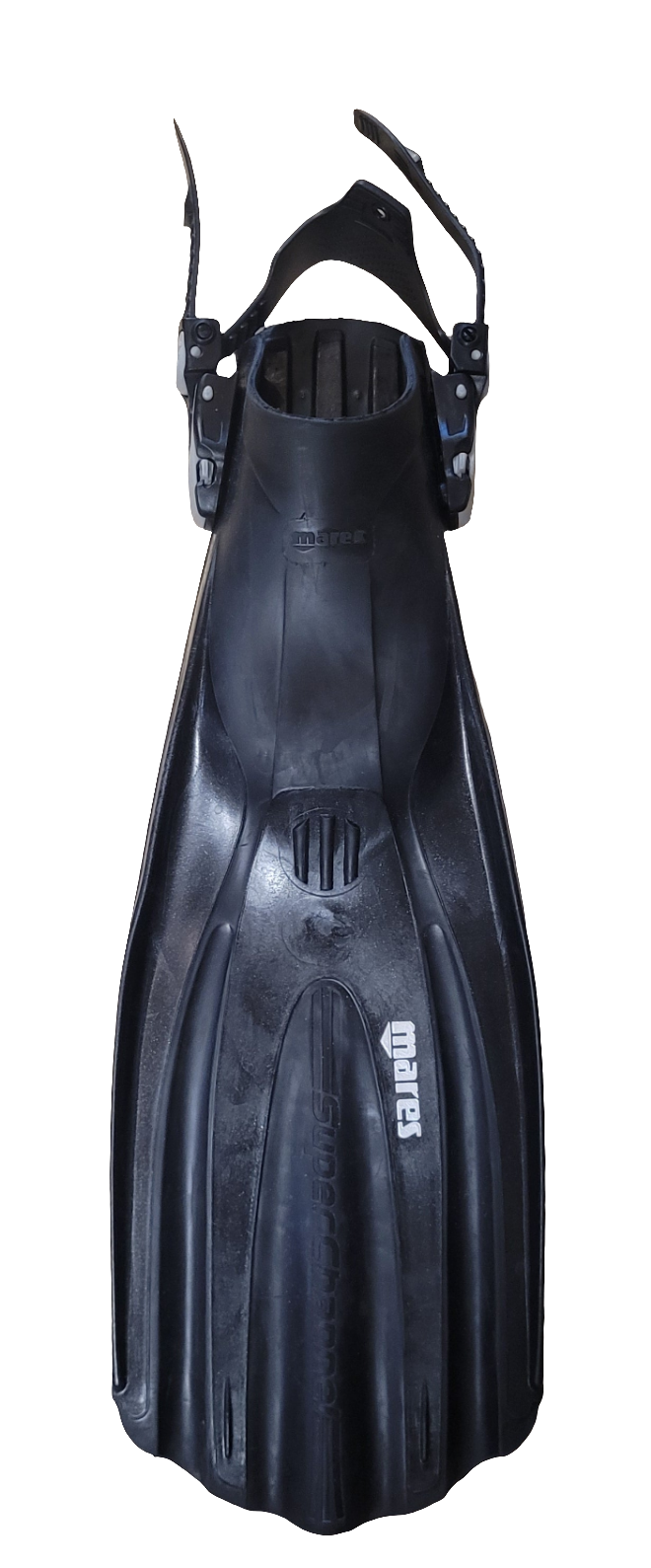 Black diving fin with straps on a white background