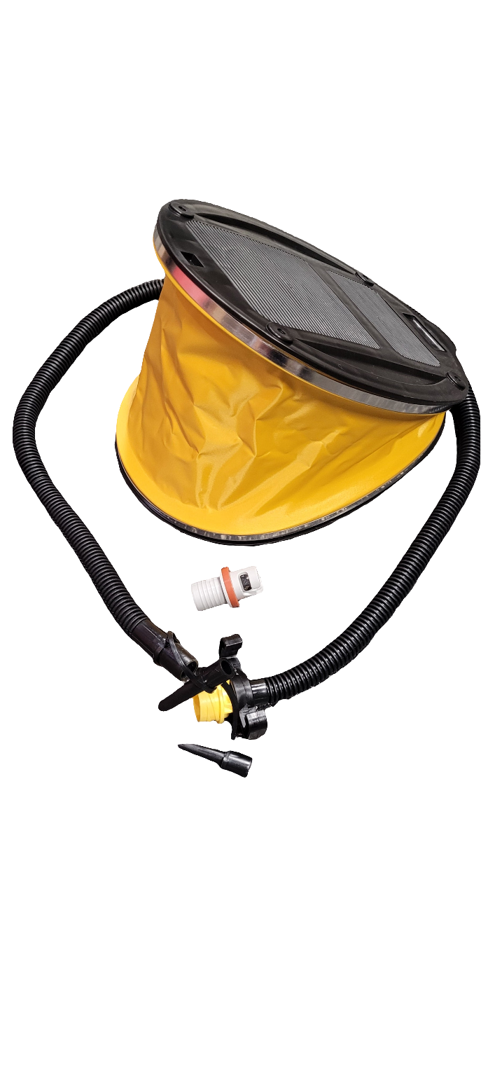 Yellow inflatable bucket with solar panel on top on a white background
