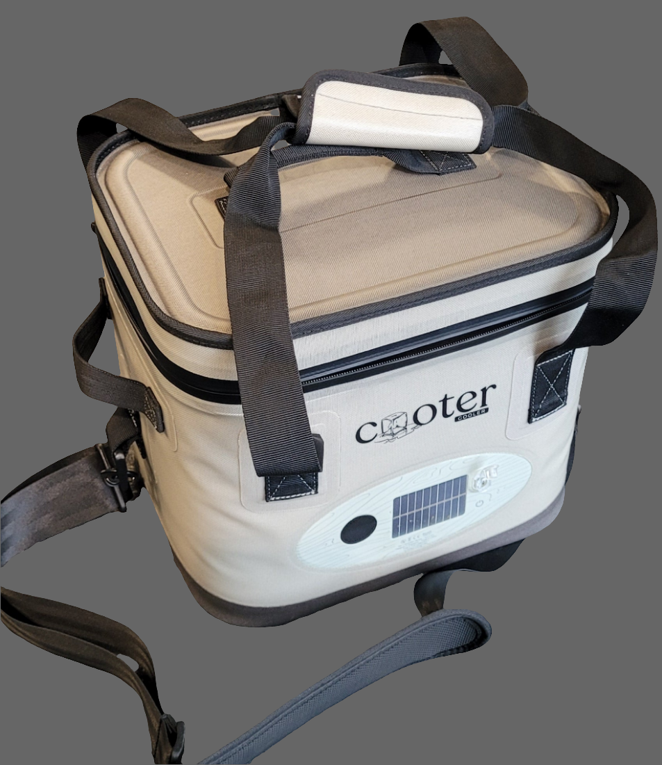 Beige cooler bag with black straps on a gray background