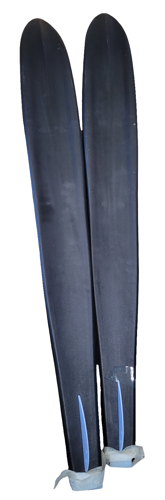 Pair of black skis with blue accents on a white background