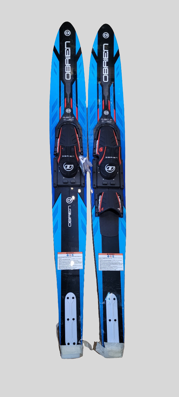 Pair of blue and black water skis with bindings on a gray background