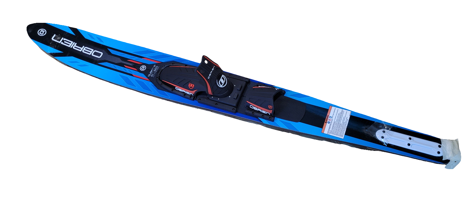 Blue water ski with bindings on a white background