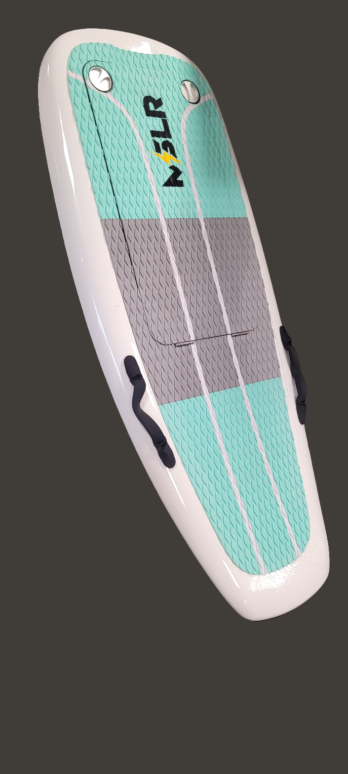 Wakesurf board with teal and gray design on a white background