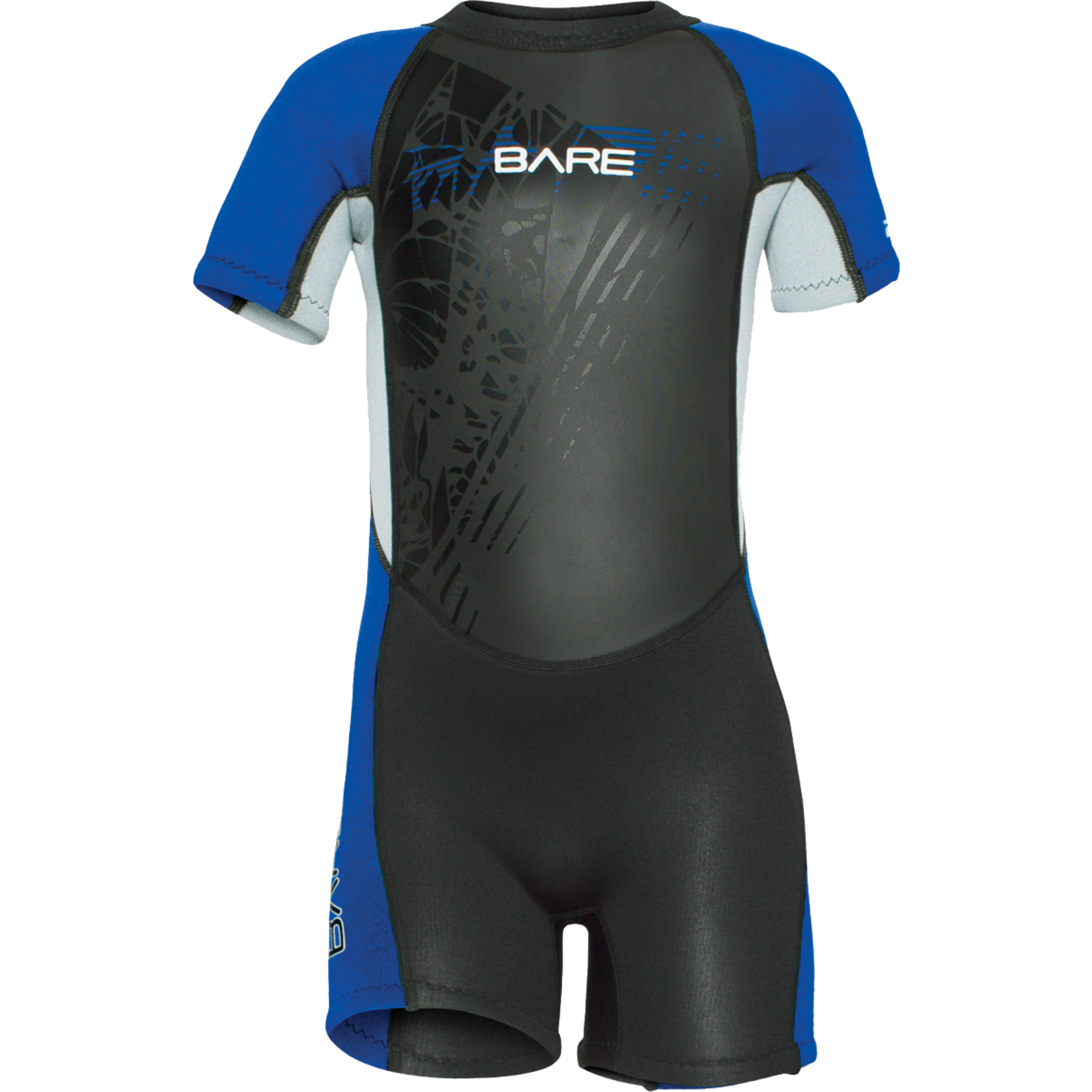 Black and blue wetsuit with 'Bare' branding on a white background