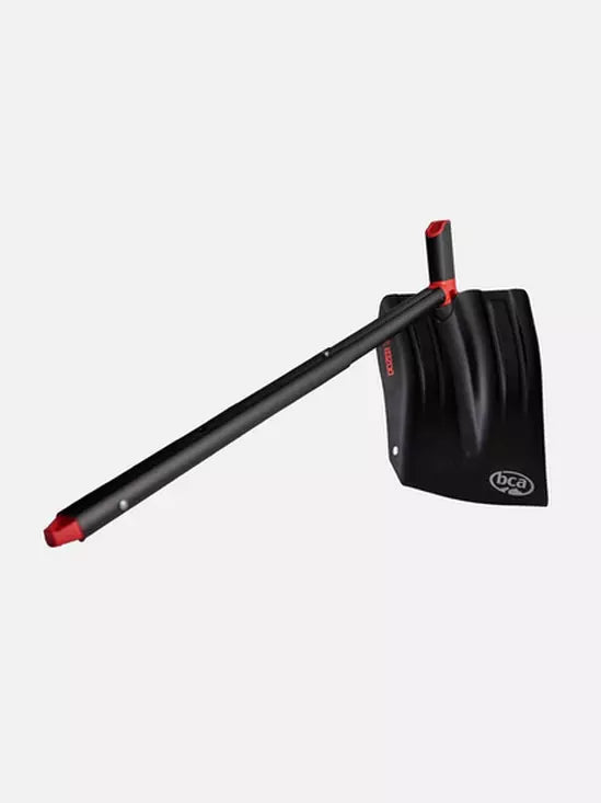 Black snow shovel with red accents on a white background