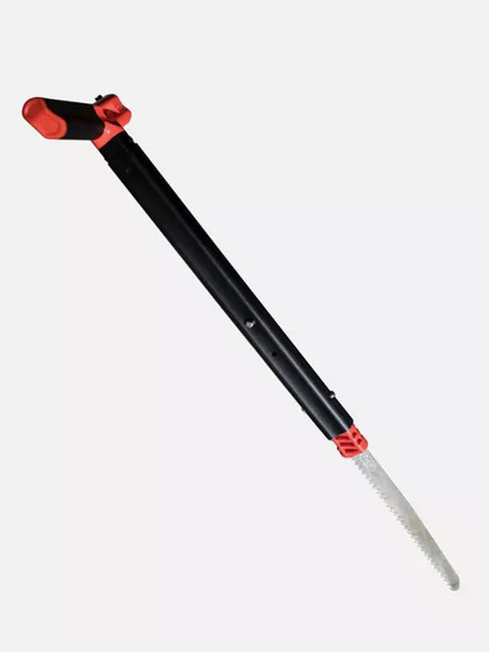 Gardening tool with black handle and silver blade on a white background