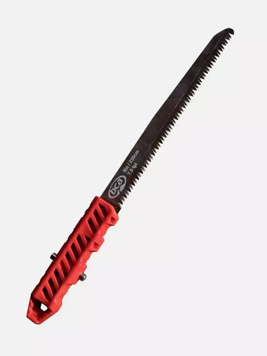 Pruning saw with red handle on a white background