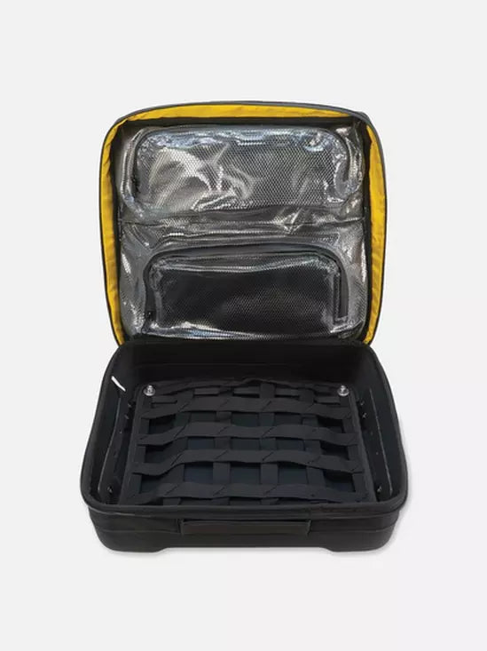Black and yellow insulated travel case with clear lid on a white background