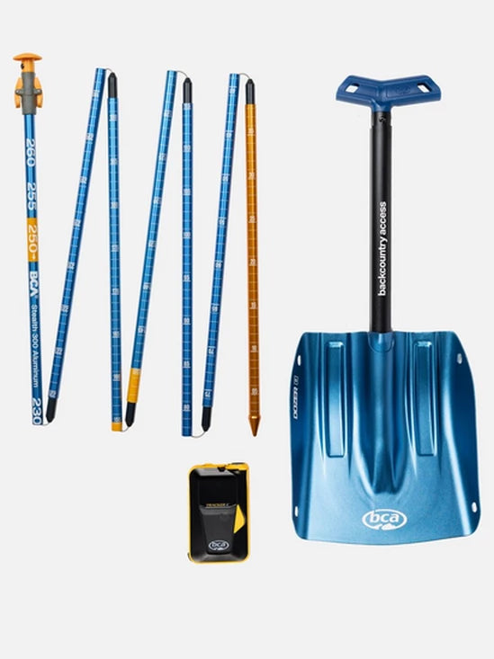 Set of blue and orange ski poles, a blue snow shovel, and a black device on a white background