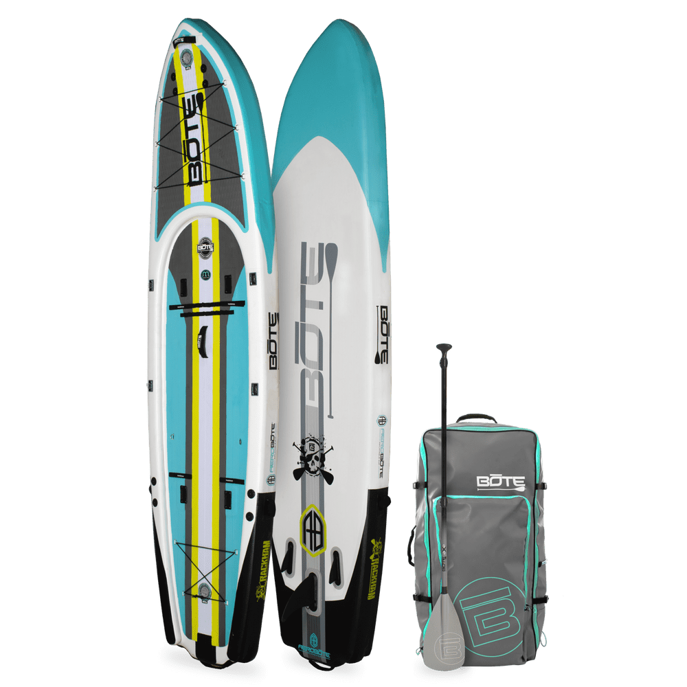Two inflatable paddle boards and a carrying bag on a white background