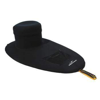 A black wide-brimmed sun hat with a built-in neck gaiter and a small gold-colored strap detail, shown on a plain white background.