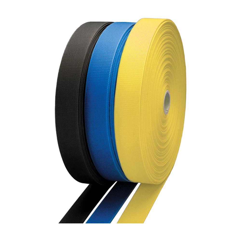 Three rolls of ribbon in black, blue, and yellow on a white background