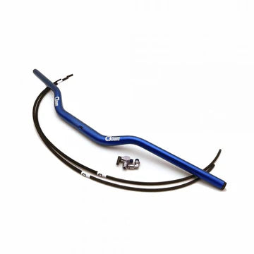 Blue motorcycle handlebar with black cables on a white background