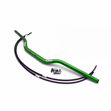 Green motorcycle handlebar with black cable on a white background