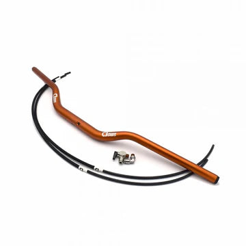 Orange motorcycle handlebar with black cables on a white background