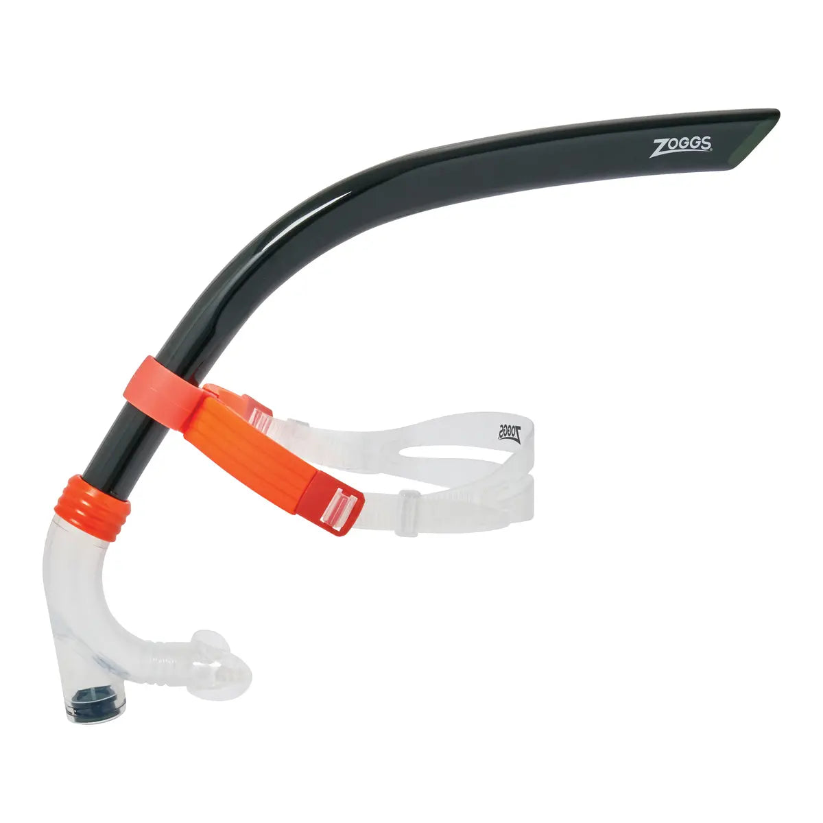 Snorkel with black tube, orange mouthpiece, and white strap on a white background