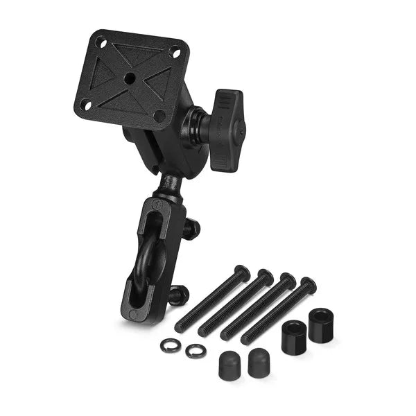 Black metal mounting bracket with screws and washers on a white background