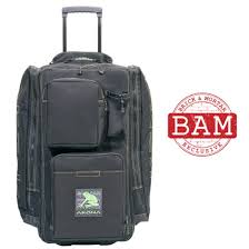 Black rolling suitcase with a visible BAM logo on a white background