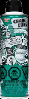 Chain lube can with graphic design and text on a green background