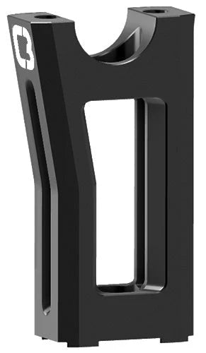 Black metal bracket with a white logo on a white background