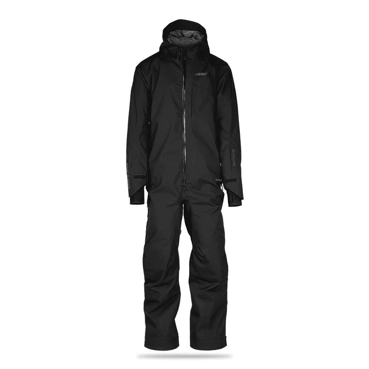 Black snowsuit with hood on a white background