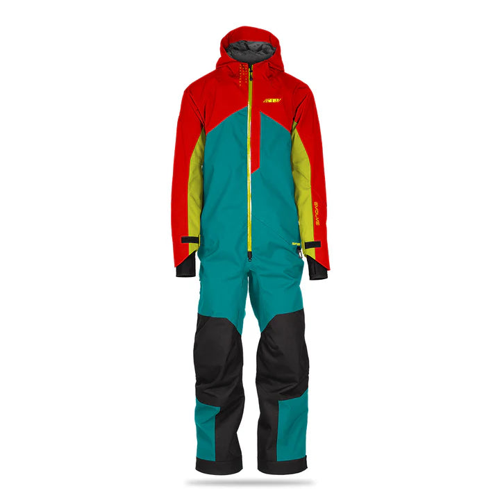 Multicolored snowsuit with red, green, blue, and black colors on a white background