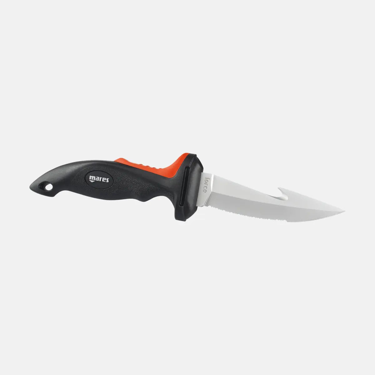 Diving knife with black handle and orange accent on a white background