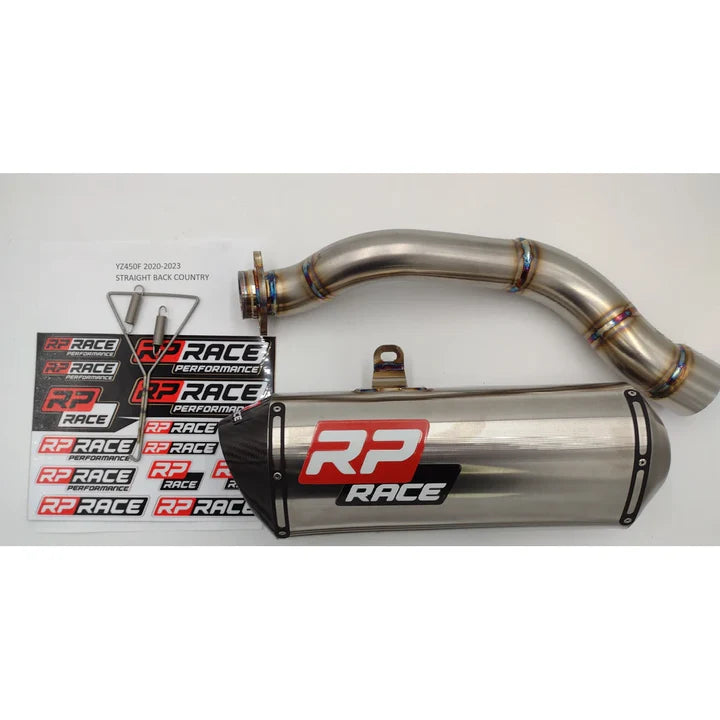 Motorcycle exhaust pipe with RP Race branding on a white background