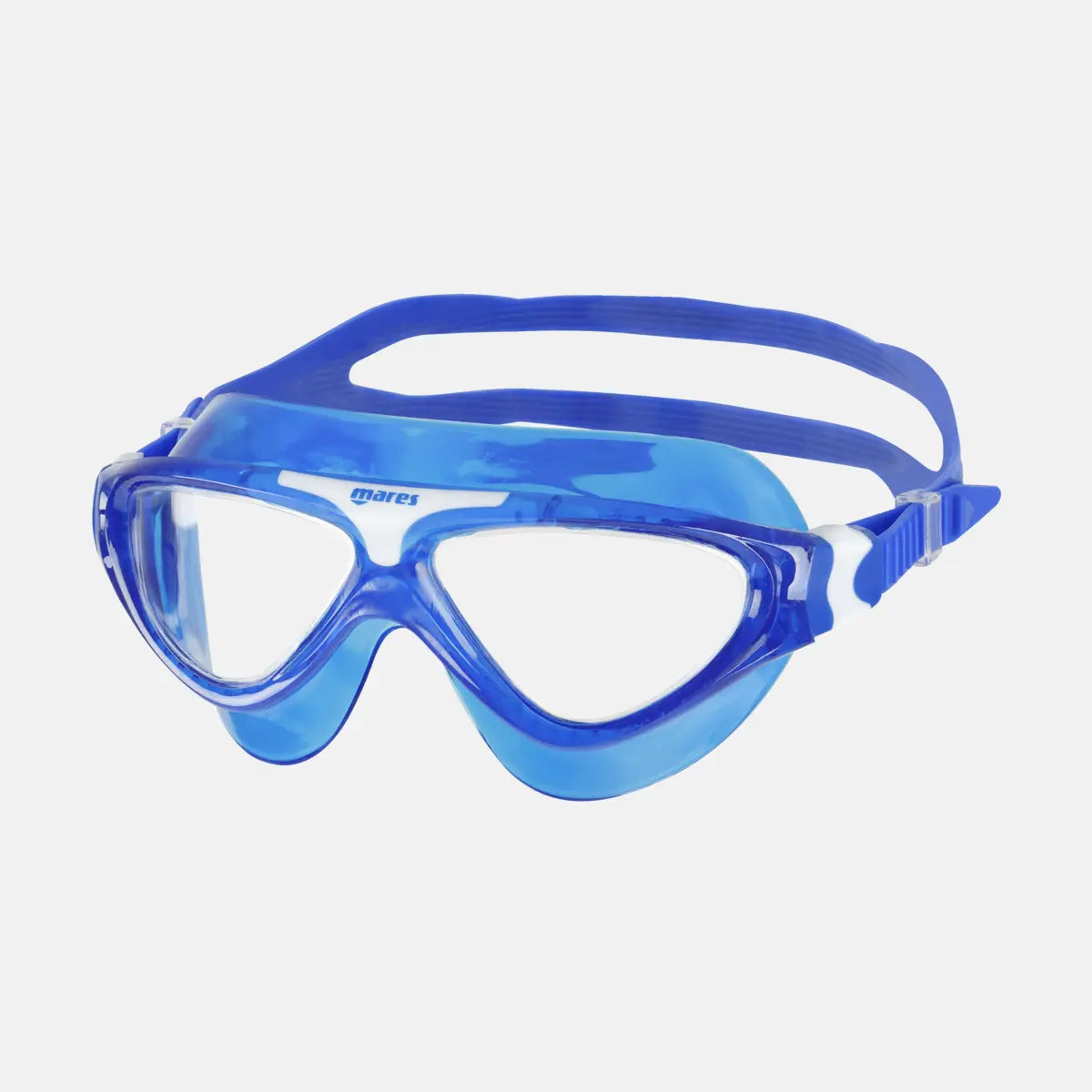 Blue swim mask with clear lenses on a white background