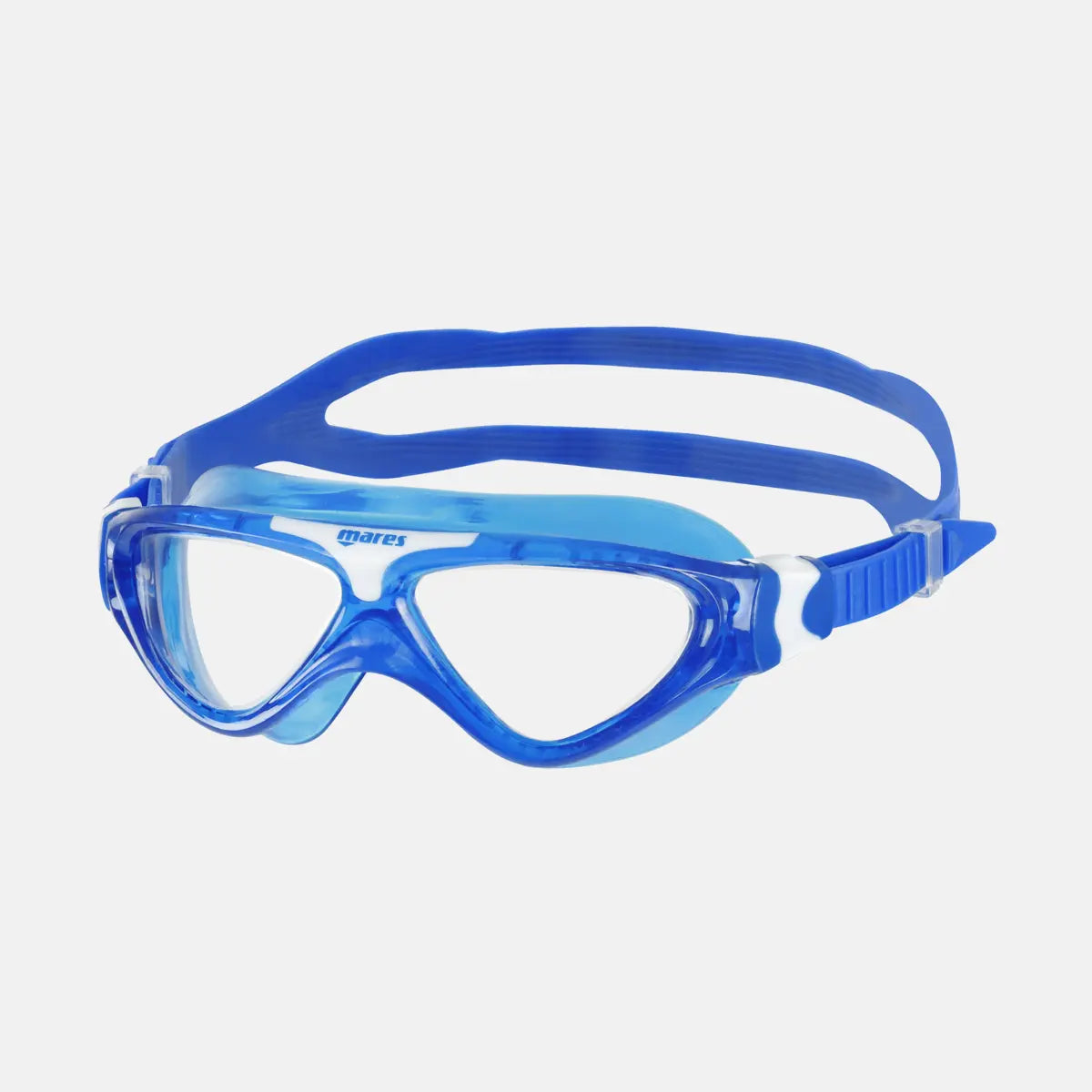 Blue swimming goggles on a light gray background