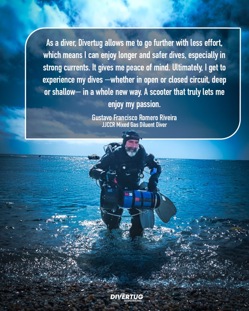 Diver in scuba gear with a quote about Divertug on a blue ocean background