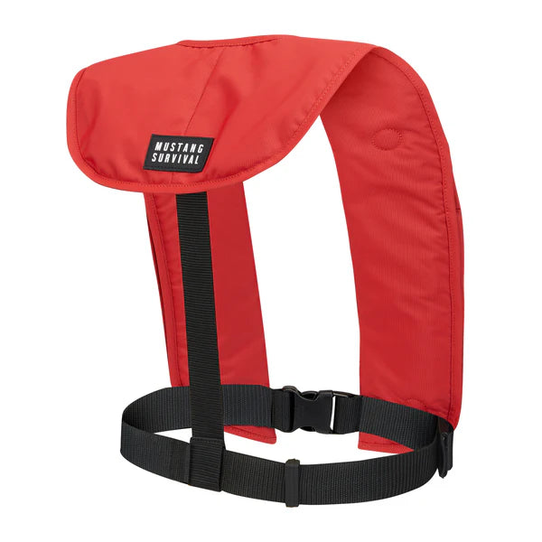 Red life jacket with black straps on a white background