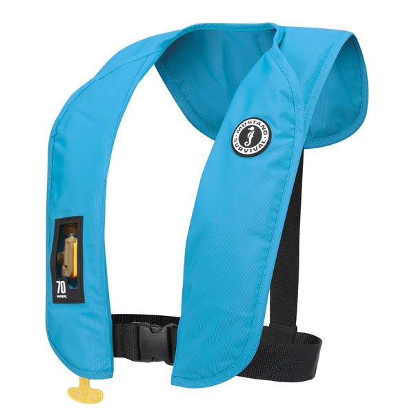 Blue life jacket with a visible brand logo on a white background