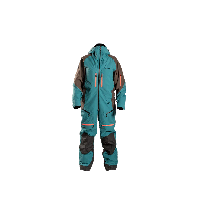 Teal and brown snowmobile suit on a white background