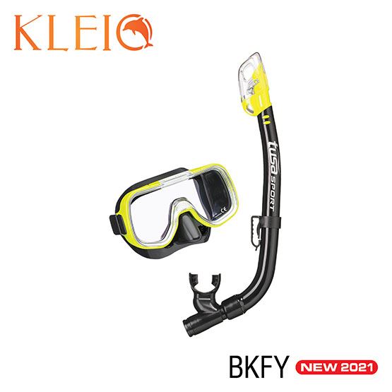 Diving mask and snorkel set with 'KLEIO' branding on a white background