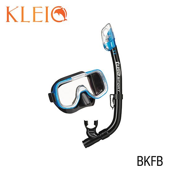 Diving mask and snorkel set with 'KLEIO' branding on a white background