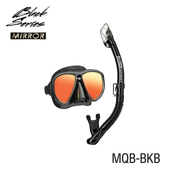 Scuba diving mask and snorkel set with 'Black Series Mirror' branding on a white background.