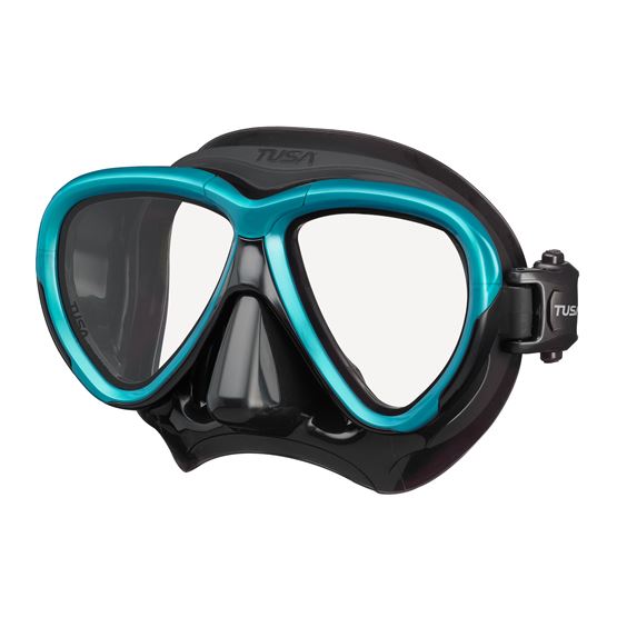 Black and teal diving mask with TUSA branding on a white background