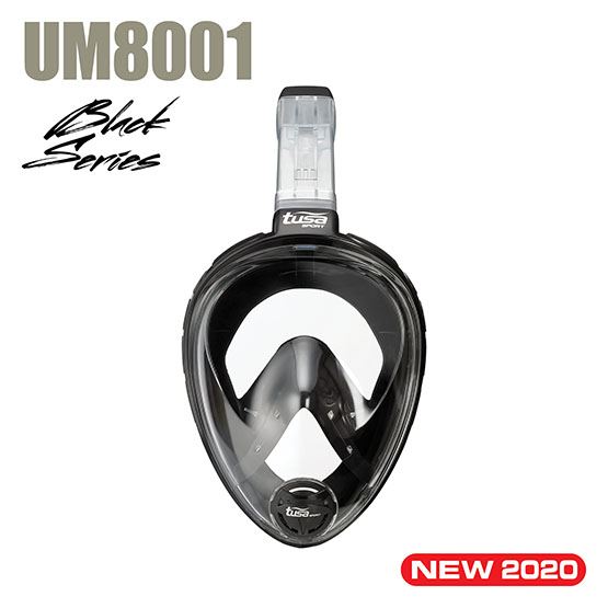Black diving mask with TUSA branding on a white background, featuring 'UM8001' and 'Black Series' text.