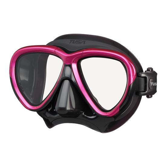 Diving mask with pink and black frame on a white background