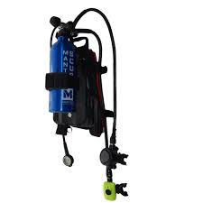 Scuba diving tank with hose and weight on a white background