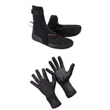 Pair of black diving boots and gloves on a white background
