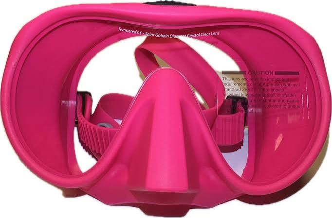 Bright pink snorkeling mask with a silicone nose piece and clear water-clear lens, shown against a plain white background.